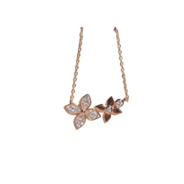 4 douple flowers necklace pink gold tone for women 2799