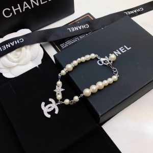 dangling douple c pearl chain bracelet silver tone for women 2799