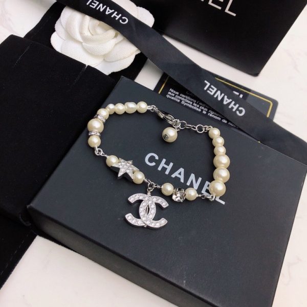 5 dangling douple c pearl chain bracelet silver tone for women 2799