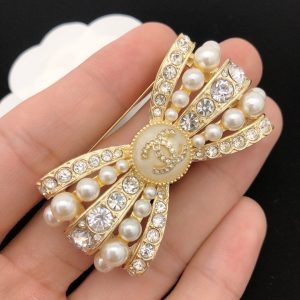 3-Cc Bowknot Ornaments Pearl Brooch Gold Tone For Women   2799