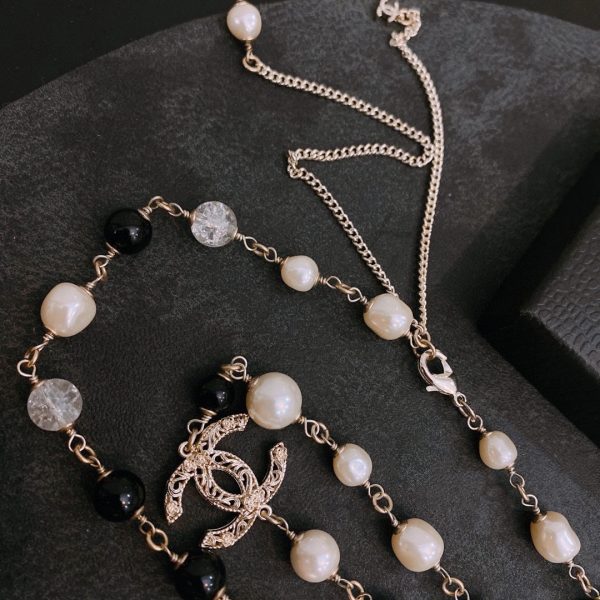 2 cc double long pearl necklace white and black for women 2799