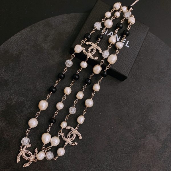 3 cc double long pearl necklace white and black for women 2799