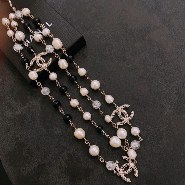 5 cc double long pearl necklace white and black for women 2799