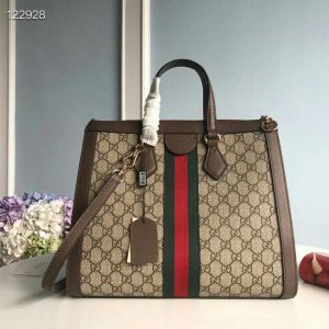 5 gucci ophidia gg medium tote bag beigeebony gg supreme canvas with brown for women 13in33cm gg 524537 k05nb 8745 9988