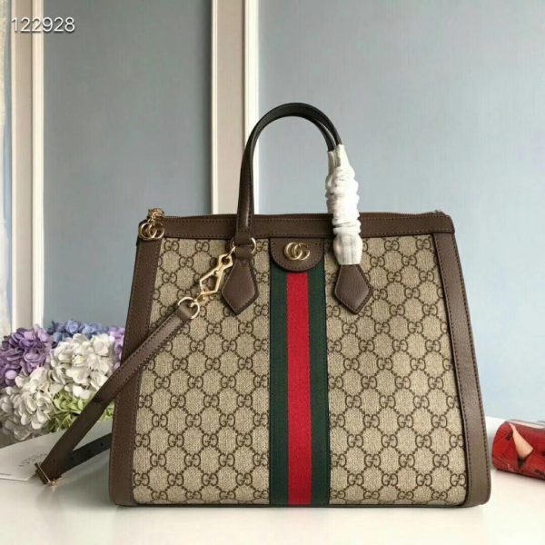 9 gucci ophidia gg medium tote bag beigeebony gg supreme canvas with brown for women 13in33cm gg 524537 k05nb 8745 9988