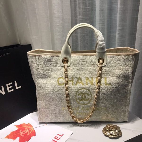 4 chanel deauville tote tweed canvas bag fallwinter collection beigecreamgoldmulti for women 15in38cm 9988