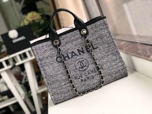 4-Chanel Deauville Tote Raffia Canvas Bag Blackwhite For Women 14.9In38cm   9988