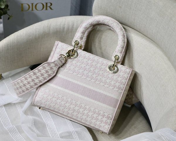 5 christian dior medium lady dlite bag houndstooth embroidery pinkwhite for women womens handbags WOMEN shoulder bags WOMEN crossbody bags WOMEN 24cm cd 9988