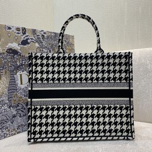 1 christian dior large dior book tote black houndstooth embroidery blackwhite for women womens handbags Tote shoulder bags Tote 42cm cd 9988
