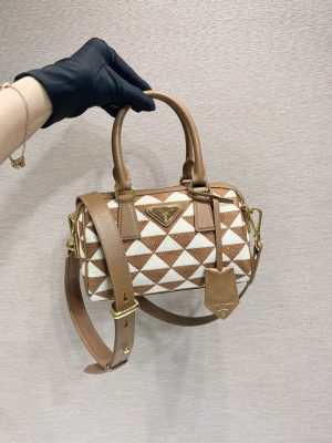prada symbole embroidered jacquard fabric tophandle bag brownwhite for women womens bags 79in20cm 1bb846 2fkl f0i0u v xoo 9988