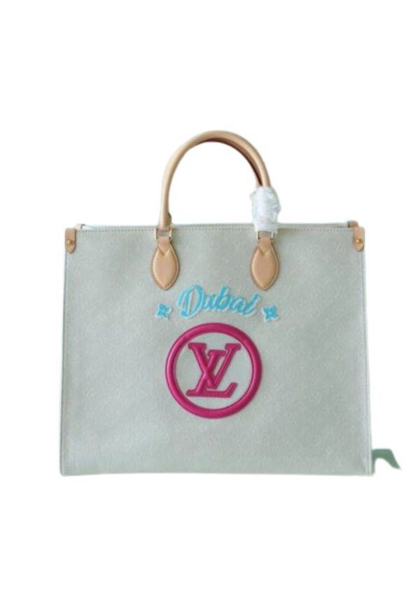4 louis vuitton onthego gm monogram giant and raffia white pink for women womens handbags shoulder and crossbody bags 41cm161in lv 9988