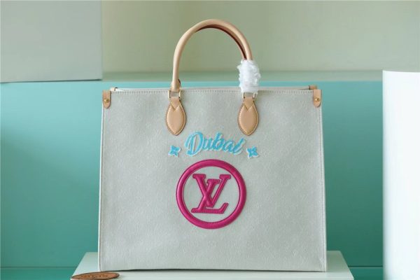 12 louis vuitton onthego gm monogram giant and raffia white pink for women womens handbags shoulder and crossbody bags 41cm161in lv 9988
