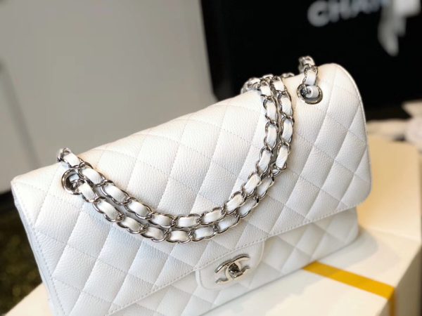 5 chanel classic medium flapbag silver hardware white 10in255cm 9988