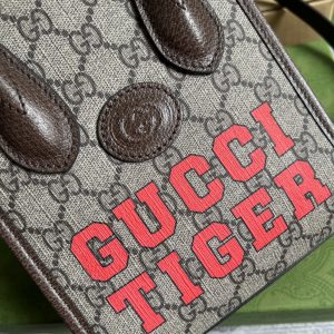 1-Gucci Tiger Gg Mini Tote Bag Beige And Ebony Gg Supreme Canvas Brown 7.8In20cm Gg 671623 Us7ec 9396   9988