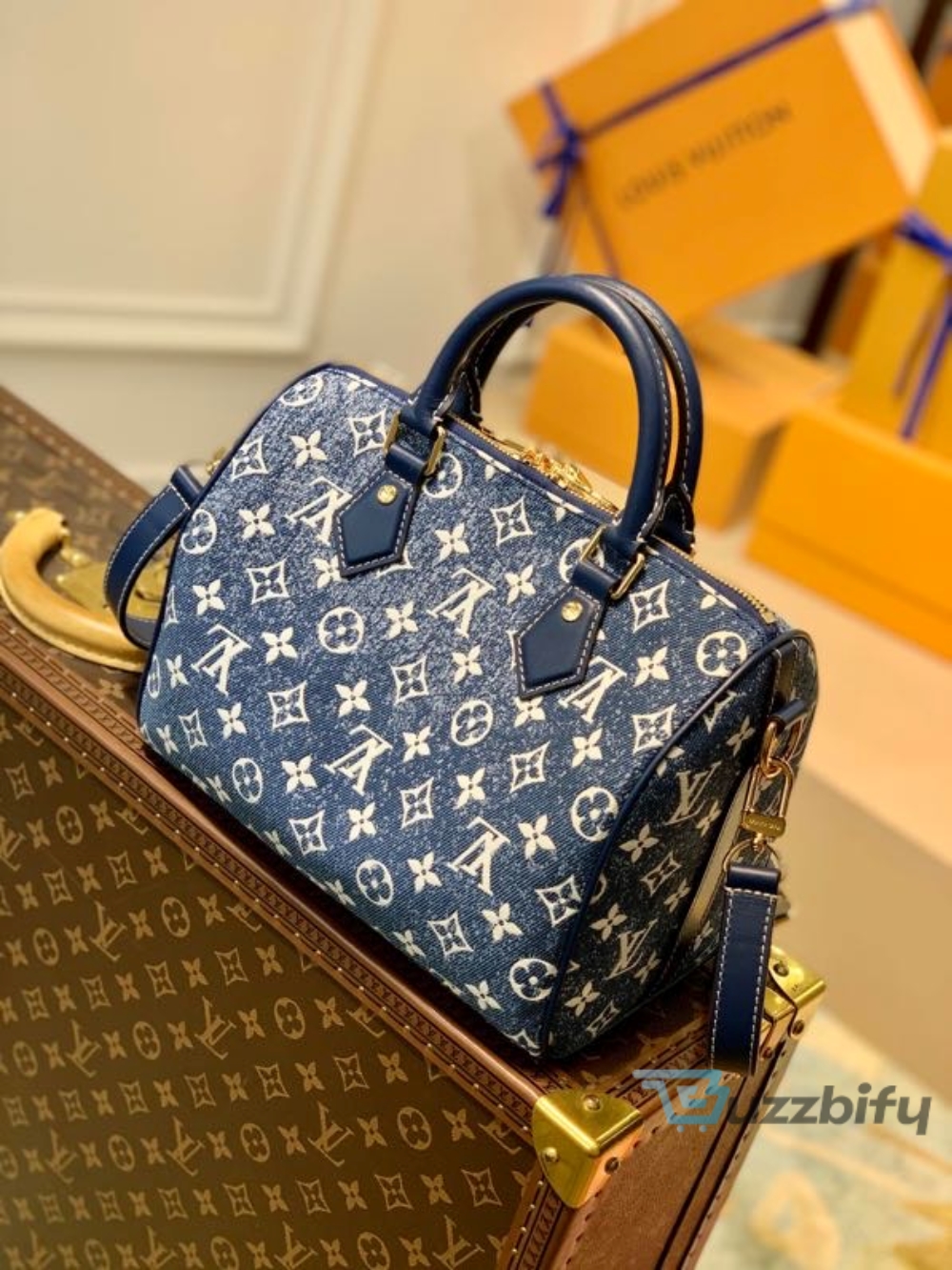louis vuitton speedy bandouliere 25 monogram denim jacquard navy blue for women womens handbags 98in25cm lv m59609 2799 buzzbify 1 4