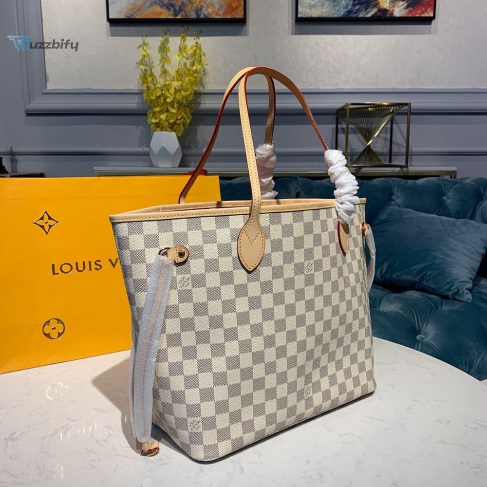 Louis Vuitton Damier Azur Giant Monogram Neverfull Bag MM White Pink