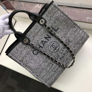 chanel embellished deauville tote raffia canvas bag blackwhite for women 149in38cm buzzbify 1 3