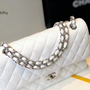 chanel hoop classic medium flapbag silver hardware white 10in255cm buzzbify 1 1