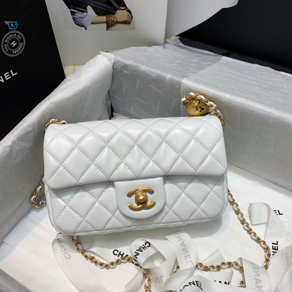 Chanel Flap Bag With CC Ball On Strap White For Women, Women’s Handbags, Shoulder And Crossbody Bags 7.8in/20cm AS1787
