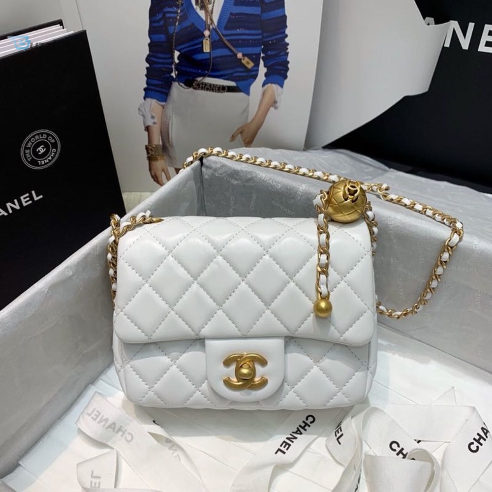 Chanel Mini Flap Bag With Cc Ball On Strap White For Women Womens Handbags Shoulder And Crossbody Bags 6.7In17cm As1786