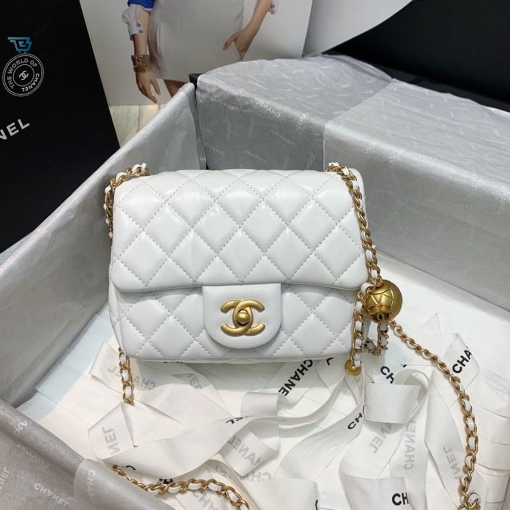 Chanel Mini Flap Bag With CC Ball On Strap White For Women, Women’s Handbags, Shoulder And Crossbody Bags 6.7in/17cm AS1786
