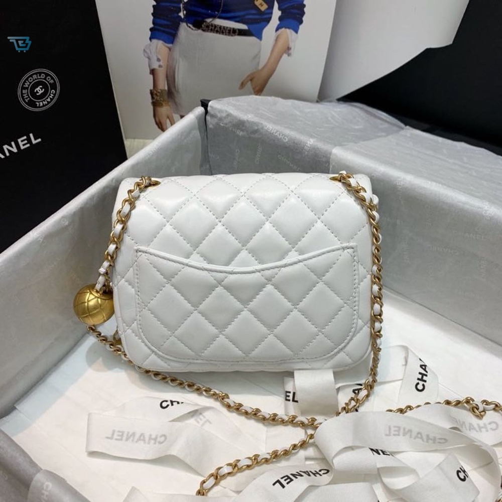 Chanel Mini Flap Bag With CC Ball On Strap White For Women, Women’s Handbags, Shoulder And Crossbody Bags 6.7in/17cm AS1786
