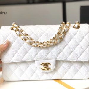 chanel classic medium flapbag golden hardware white 10in255cm buzzbify 1 3