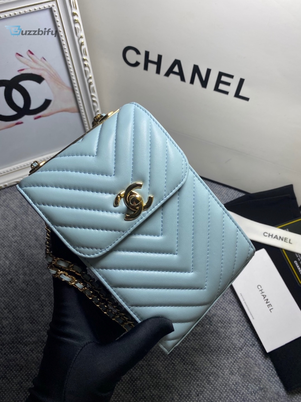 Chanel Chevron Trendy Cc Phone Light Blue Bag For Women 18Cm7in