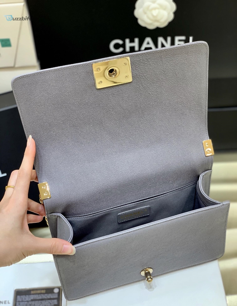 Chanel Boy Handbag Dark Grey Gold Toned Hardware For Women 9.8In25cm