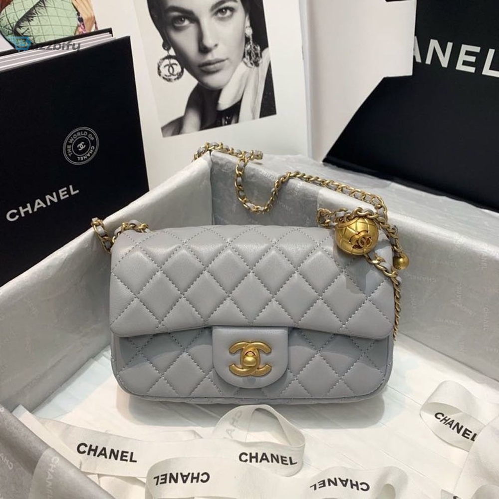 Chanel Flap Bag With Cc Ball On Strap Grey For Women Womens Handbags Shoulder And Crossbody Bags 7.8In20cm As1787
