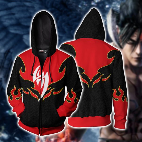 Tekken Jin Kazama Red Flame Cosplay Zip Up Hoodie Jacket Zip Hoodie S