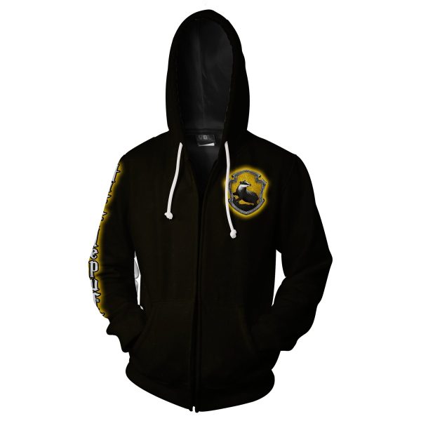 Hufflepuff Logo (Harry Potter) (Black) 3D Zip Up Hoodie