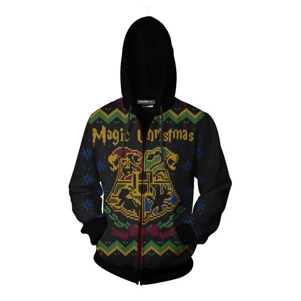 Magic Christmas Hogwarts Logo Harry Potter Ugly Christmas Zip Up Hoodie