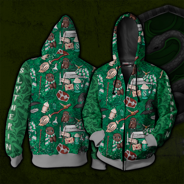 Hogwarts Slytherin House Pattern Harry Potter Zip Up Hoodie