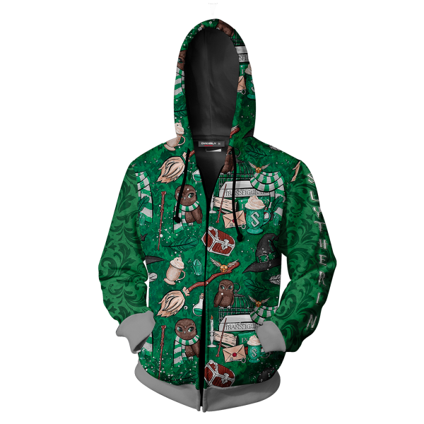 Hogwarts Slytherin House Pattern Harry Potter Zip Up Hoodie