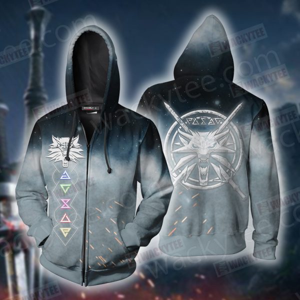 The Witcher 3 Wild Hunt Wild White Wolf Symbol Zip Up Hoodie