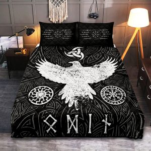 Viking Quilt Bedding Set Raven Of Odin And Norse Symbols