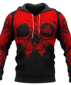 Viking Hoodie Red Skull Triple Horn of Odin