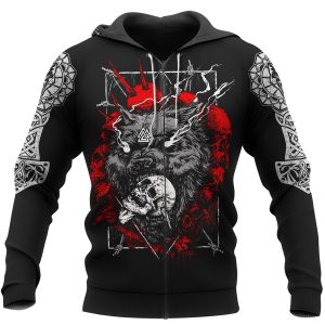 Viking Hoodie Fenrir Wolf With Skull And Odin Art