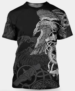 Viking T-shirt Raven With Hammer Line Art