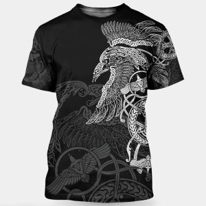 Viking T-shirt Raven With Hammer Line Art