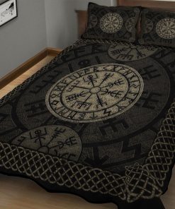 Viking Quilt Bedding Set Vegvisir With Elder Futhark Stone Distressed