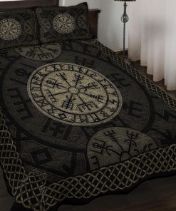 Viking Quilt Bedding Set Vegvisir With Elder Futhark Stone Distressed