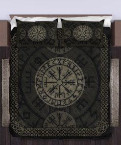 Viking Quilt Bedding Set Vegvisir With Elder Futhark Stone Distressed