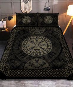 Viking Quilt Bedding Set Vegvisir With Elder Futhark Stone Distressed