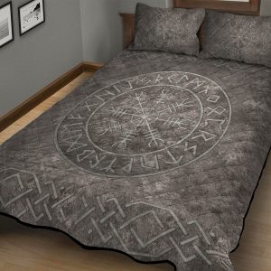 Viking Quilt Bedding Set Vegvisir Symbol On A Stone-Textured