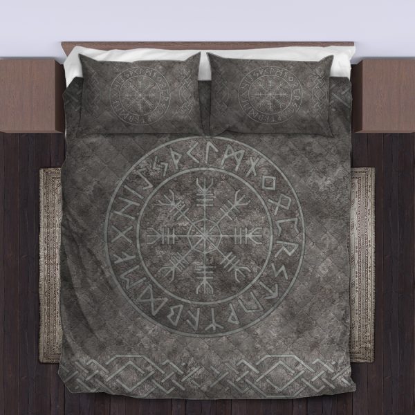 Viking Quilt Bedding Set Vegvisir Symbol On A Stone-Textured