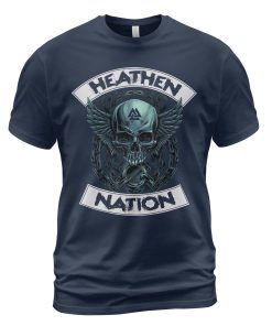 Viking T-shirt Skull Wings Heathen Nation Navy