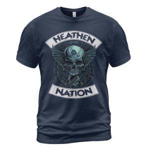 Viking T-shirt Skull Wings Heathen Nation Navy