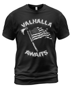 Viking T-shirt Valhalla Awaits Axe Flag Black